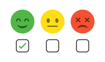 Feedback emoji rating with check box frame and checkmark icon happy neutral sad wrong emoticon. three facial expression emojis