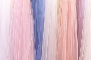 Fabric Delicate tulle fabrics of different shades. Wedding materials for dresses. Mesh, organza,...