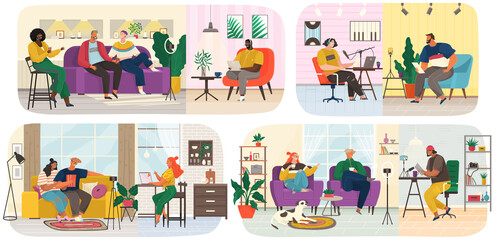 Characters giving interview to journalist. Live report, press conference with guests of radio station. People communicate during podcast. Live communication at interview. Recording audio podcast