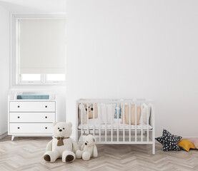 cute nursery room with empty white wall - obrazy, fototapety, plakaty