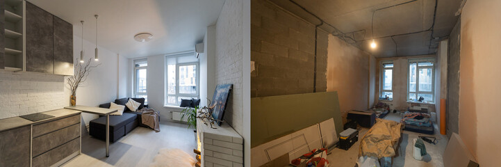 Room with unfinished walls and a room after repair. Before and after renovation in new housing
