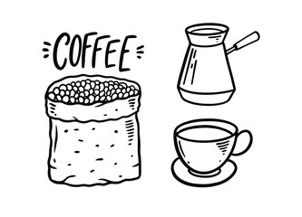 Hand drawing coffee doodle set elements. Vintage style.