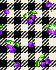 Seamless Purple Cherry pattern with Gingham pattern, Tartan Check Plaid vector