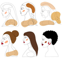 set portrait people drawing by one continuous line, isolated