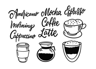Hand drawn set coffee quotes and black color cups and coffee pot.