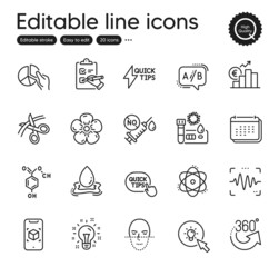 Set of Science outline icons. Contains icons as Natural linen, Idea and Pie chart elements. Quickstart guide, Chemical formula, Calendar web signs. Voice wave, Checklist. Vector
