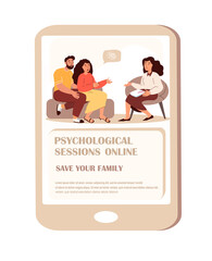 Save your Family Online.Psychological Session,Mobile App Page Onboard Screen.Young Anxited Woman,Man Couple tells about psychological problems to psychologist. Cartoon People Vector Illustration