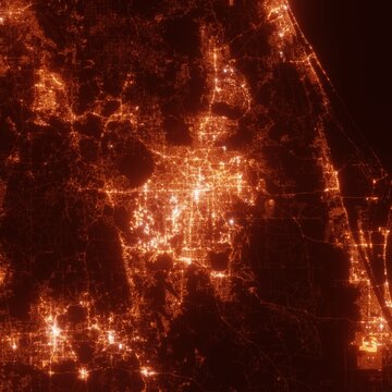 Orlando City Lights Map, Top View From Space. Aerial View On Night Street Lights. Global Networking, Cyberspace