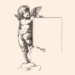 A small child angel with wings stands on a cloud and holds a nameplate in his hands. Medieval engraving isolated on a beige background.