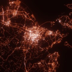Ningbo city lights map, top view from space. Aerial view on night street lights. Global networking, cyberspace