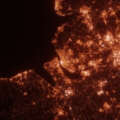 Liverpool city lights map, top view from space. Aerial view on night street lights. Global...