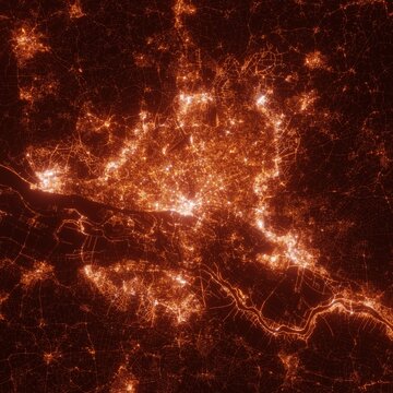 Hamburg city lights map, top view from space. Aerial view on night street lights. Global networking, cyberspace