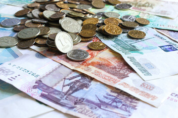 Russian currency money background. Heap of ruble banknotes. Currency top view. Money background with close up of russian Ruble. Economic, finance business, investment concept. Lay out, top view

