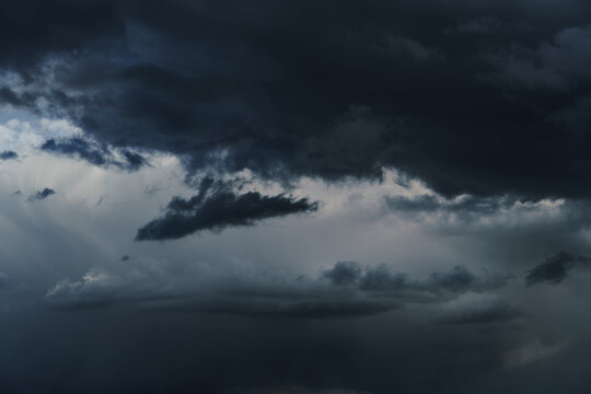 Background Of Dark Dramatic Sky With Stormy Clouds Before Rain Or Snow, Extreme Weather