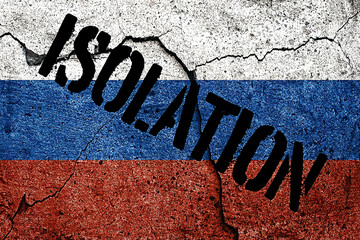 Flag of Russia painted on a concrete wall with word isolation.