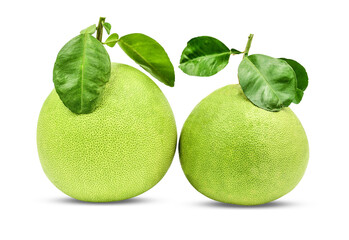 Green pomelo fruit with leaves isolated on white background with clipping path.