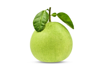 Green pomelo fruit with leaves isolated on white background with clipping path.