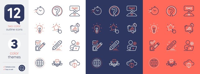 Set of Globe, Question mark and Idea line icons. Include Teamwork, Checkbox, Brand contract icons. Statistics timer, Timer, Cloud protection web elements. Video conference, Fake review. Vector