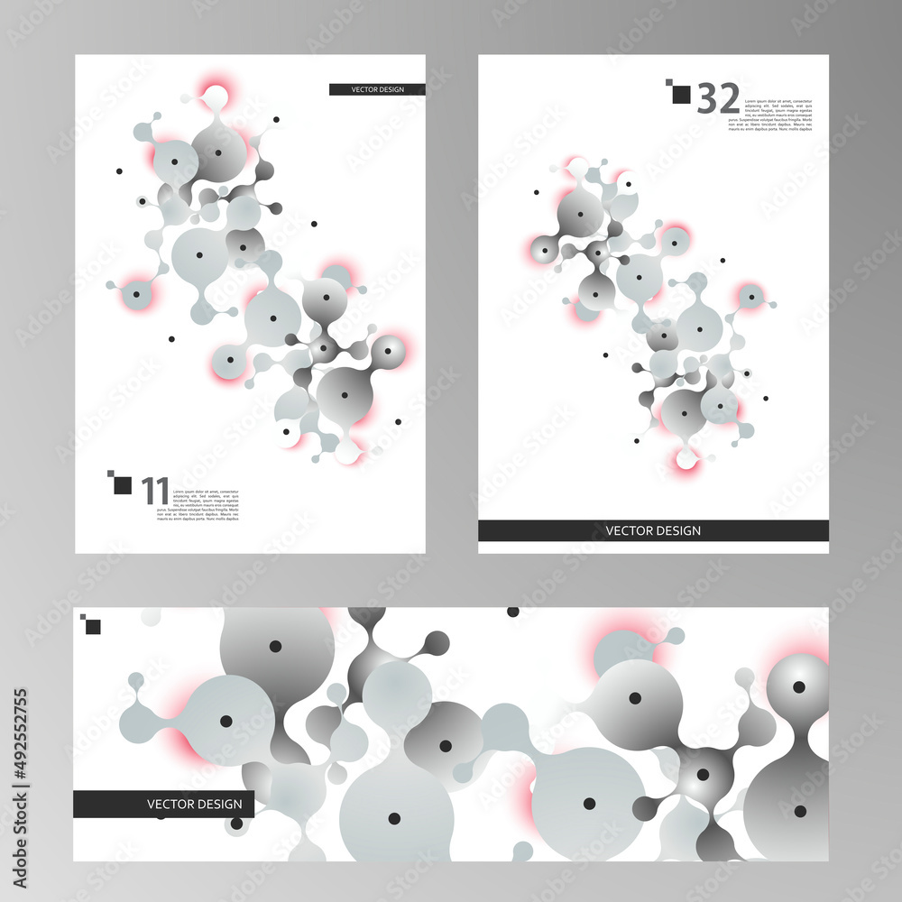 Poster vector connect design. molecular compounds of circles with colored elements on covers of brochures. 