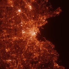 Boston city lights map, top view from space. Aerial view on night street lights. Global networking,...