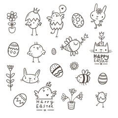 Vector easter set with cute cartoon chicken and eggs. Doodle line art character. Funny holiday print.