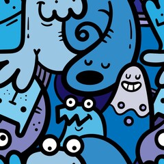 Seamless pattern with cute cartoon creatures on blue background. Funny cartoon animals print. Doodle monster poster.