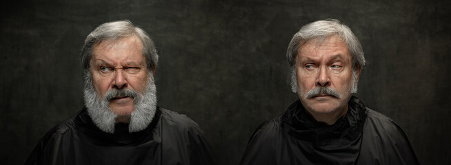 Creative collage made of portraits of emotive grey-bearded senior man looking at camera isolated on...