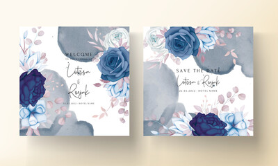 elegant wedding invitation card with beautiful blue navy flower template