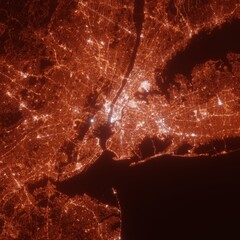 New York city lights map, top view from space. Aerial view on night street lights. Global networking, cyberspace