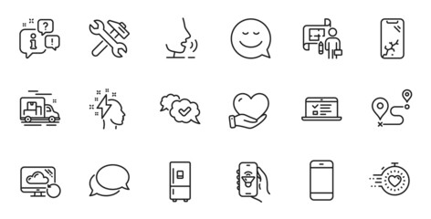 Outline set of Smartphone broken, Smartphone and Brainstorming line icons for web application. Talk, information, delivery truck outline icon. Include Messenger, Smile, Refrigerator icons. Vector