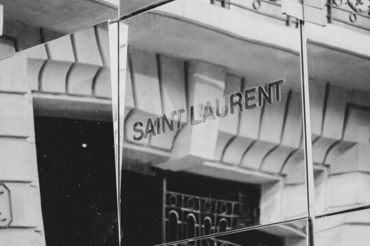 Logo of Saint Laurent luxury clothing company on top of a store from Paris, France. 2022. Premium clothes industry.