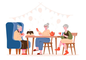 An elderly grandmother celebrates her birthday with family or friends. An elderly woman blows out a candle on a cake. Vector illustration.