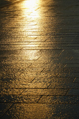 the reflection of the morning light on the pavement of a sidewalk. detail.