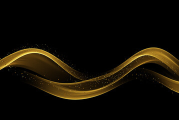 Golden wave glitters on a black background. Abstract vector shiny golden wave design element.