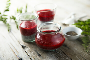 Panna cotta or chia pudding with red berry sauce