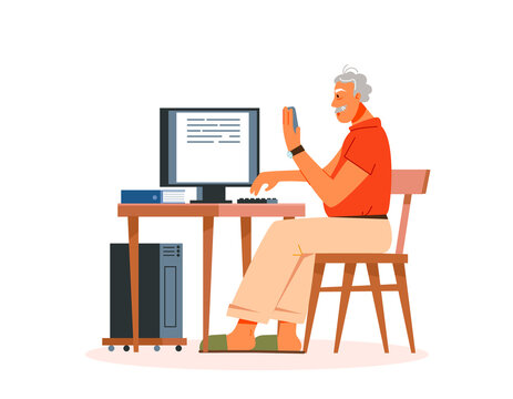 An elderly man works or studies on a computer. Technology and the elderly. Technology and the elderly.