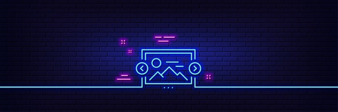 Neon light glow effect. Image carousel line icon. Photo thumbnail sign. Album picture placeholder symbol. 3d line neon glow icon. Brick wall banner. Image carousel outline. Vector