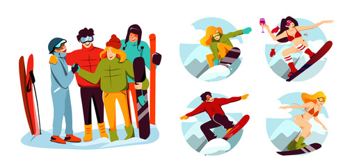 A company of cheerful skiers and snowboarders, laughter is a joyful active rest. Vector colorfull illustration.