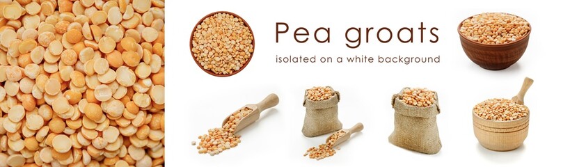 Pea groats isolated on a white background. Set of various compositions in one panorama image. High quality photo