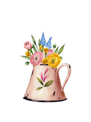 Bouquet in a jug watercolor illustration