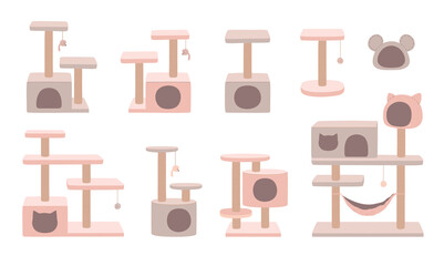 Cat tree with cat house, luxury animal rooms nud color. Cat tower, scratching post and hammock. Furniture set for kittens. Flat vector illustrations isolated on white background.