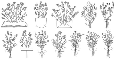 Fototapeta na wymiar Floral hand drawn compositions. Wildflower bouquets, monogram