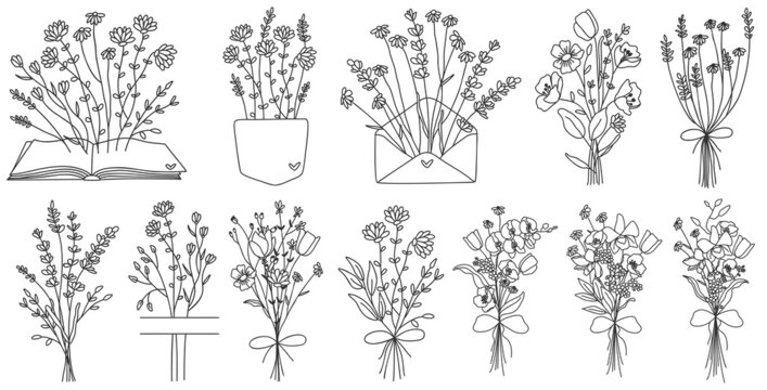 Floral hand drawn compositions. Wildflower bouquets, monogram