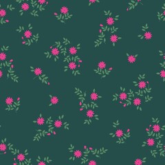 Seamless vintage pattern. Small pink fuchsia flowers, green leaves. Dark green background. vector texture. fashionable print for textiles, wallpaper and packaging.