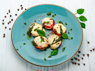 Baked tomatoes with mozzarella cheese and pesto sauce