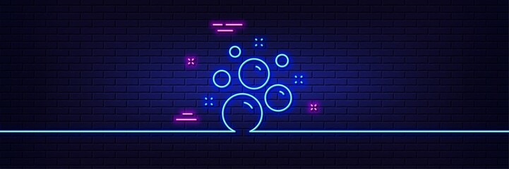 Neon light glow effect. Clean bubbles line icon. Laundry shampoo sign. Clothing cleaner symbol. 3d line neon glow icon. Brick wall banner. Clean bubbles outline. Vector