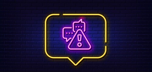 Neon light speech bubble. Warning line icon. Attention triangle sign. Caution alert symbol. Neon light background. Warning glow line. Brick wall banner. Vector