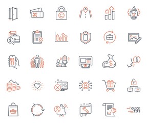 Business icons set. Included icon as User notification, Human resources and Lock web elements. Report, Boarding pass, Reject access icons. Photo edit, Reject checklist, Group web signs. Vector
