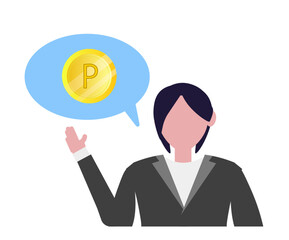 ポイントの説明をする女性。スーツ イラスト