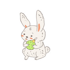 Christmas cute white bunny with Xmas ball doodle vector illustration isolated.
